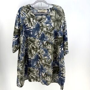 Blue Diamond‎ Button Up Top Women 26/28 Green Tropical Coastal Resort Lagenlook